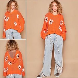 POL Orange Floral V-Neck Sweater